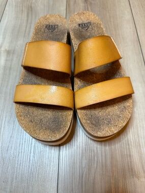 Reef Leather Cork Slide Sandals Size 11 – Tan Double Strap Summer 🌞